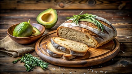 Rustic artisan sourdough bread with fresh avocado halves and rosemary sprigs on a wooden tabletop