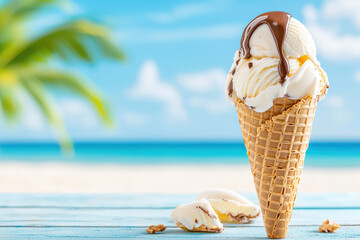 Melting ice cream cone with chocolate topping on sunny beach background