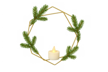 Christmas geometric wreath featuring fir branches and glowing candle, transparent background, festive holiday decoration
