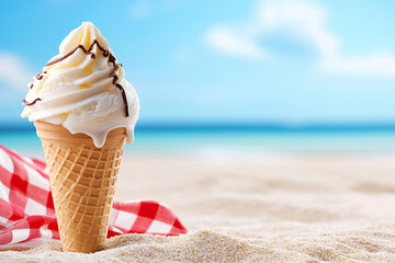 Melting ice cream cone on sandy beach with blue sky background evokes summer vibes
