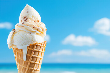 Melting ice cream cone in summer heat with clear blue sky background