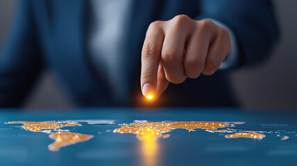 Hand pointing at glowing world map, symbolizing global travel and exploration