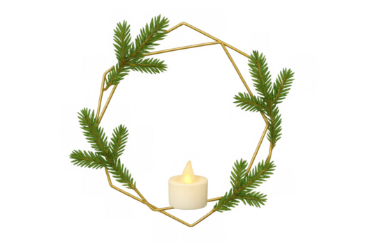 Christmas geometric wreath featuring fir branches and glowing candle, transparent background, festive holiday decoration