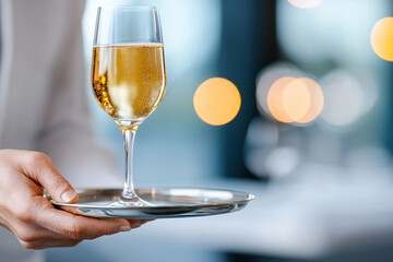 Close up of hand holding polished silver tray with glass of sparkling wine