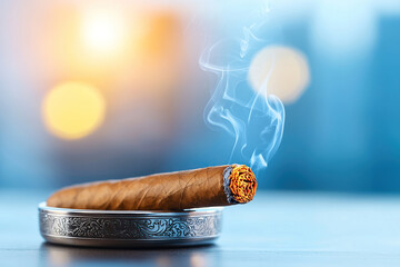 Lit cigar rests on engraved silver ashtray, with smoke curling upwards against blurred background