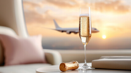 Crystal champagne flute filled with golden bubbly sits on table with airplane in background