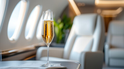 Crystal champagne flute filled with golden bubbly on private jet table, exuding luxury