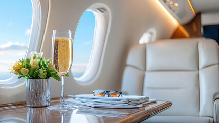 Crystal champagne flute filled with golden champagne sits on luxurious private jet table