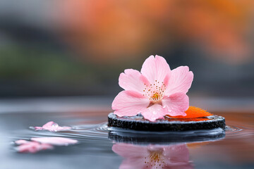Delicate cherry blossom petal rests on smooth stone in calm water, creating serene and peaceful scene