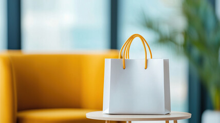 Designer shopping bag with yellow handles sits elegantly on table in modern room
