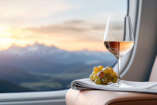 Glass of wine and grapes on first class airline seat with mountain view