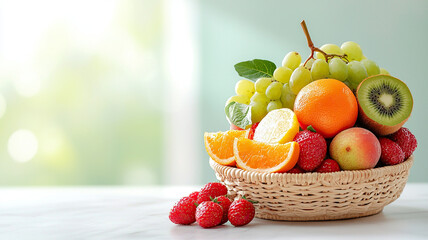 Woven basket filled with fresh fruits including grapes, oranges, strawberries, and kiwi on light background