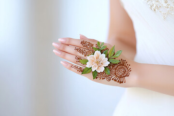 Intricate henna design on woman hand with white flower and green leaves, elegant and artistic