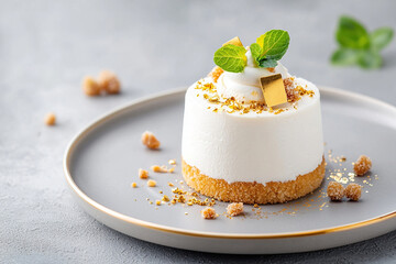 Elegant white dessert with crumbly base, mint garnish, and gold accents on gray plate