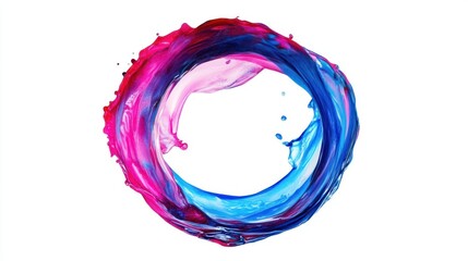 vibrant aqueous flow pattern creating a striking circular motion with intertwining shades of magenta and cerulean against stark white space