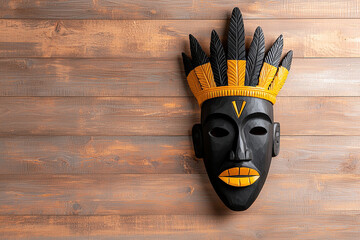 Richly decorated tribal mask with feathers and vibrant colors hangs on wooden wall