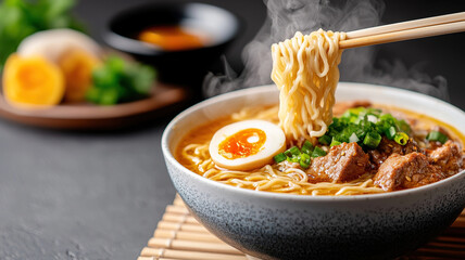 Steaming bowl of traditional ramen with noodles, egg, and meat garnished with green onions