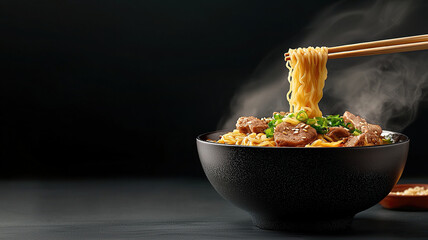 Steaming bowl of traditional ramen with chopsticks lifting noodles, garnished with meat and green onions