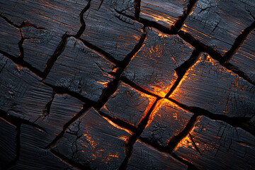 Close up of glowing embers in charred wood, showcasing cracks and textures