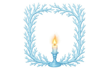 Winter wreath frame with glowing candle on blue candlestick, creating warm light in icy branches. Transparent background