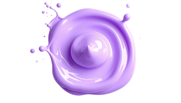 Glossy, light purple liquid splash viewed from above, with concentric circles on a stark black background, minimal shadowing