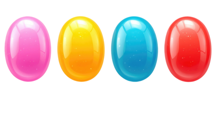 Four glossy, colorful eggs arranged in a row on a black background with a shiny, sparkling surface texture