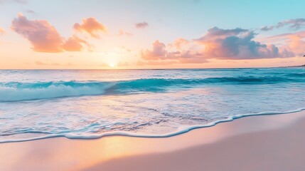 Obraz premium Ocean Waves Rolling On Beach At Sunset With Beautiful Sky and Soft Colors