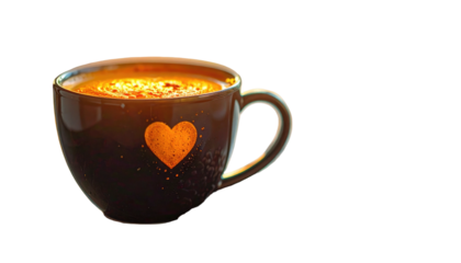 A brown mug with an orange heart-shaped print is filled with a hot liquid. Dark backdrop makes it pop