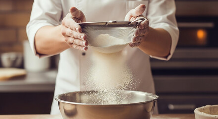 Chef sifting flour for baking pastries, bread, or cakes. Ideal for recipe books, culinary school ads, or bakery promotions. Focus on cooking, healthy eating.