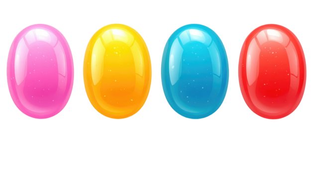 Four glossy, colorful eggs arranged in a row on a black background with a shiny, sparkling surface texture