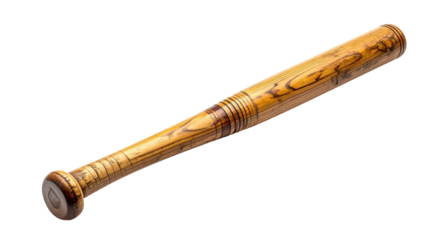 Antique wooden baseball bat shows textured grain, fading signature. Isolated on black background