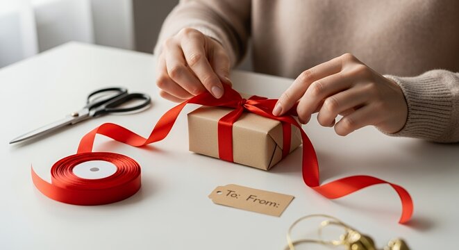 Close-up of hands tying a red ribbon bow on a small kraft paper gift box with scissors and tag on a white table. Holiday wrapping concept.