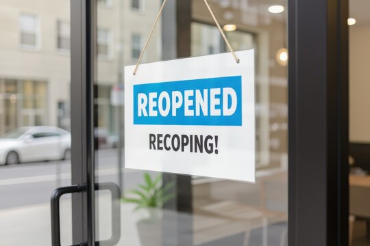 small business recovery 	concept. Sign indicating a business has reopened for recoping services.
