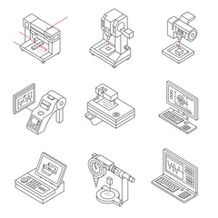 Isometric line art icons illustrate industrial manufacturing, engineering, quality control, automation, 3D printing, and laser technology processes.