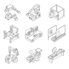 Isometric line art depicts advanced industrial automation, showcasing robotic arms, 3D printing, and smart factory systems, symbolizing modern manufacturing.