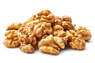 Fototapeta premium Pile of Healthy Shelled Walnuts on White Background, NutrientRich Food, Closeup Studio Shot