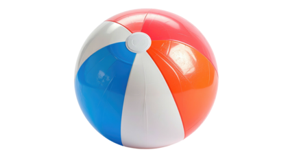 Colorful inflatable beach ball on black background, sections of red, white, blue, and orange visible