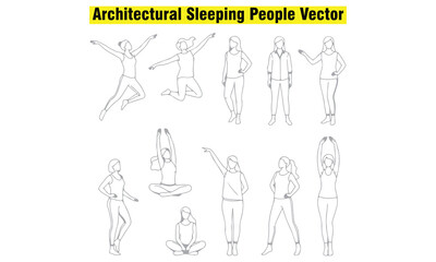Architectural sleeping people vector set showing top and side views of men and women in various lying, relaxing, and resting positions. 