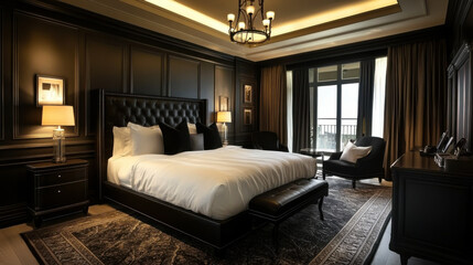 large bedroom with a black bed and a black headboard