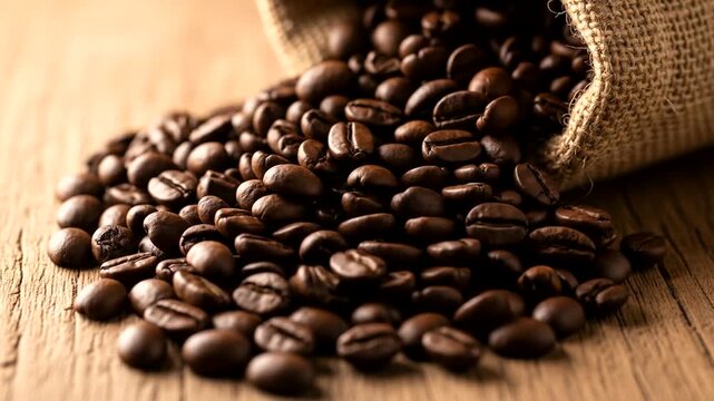 Close-up of spilled coffee beans from a burlap sack on a rustic wooden table, creating a warm atmosphere