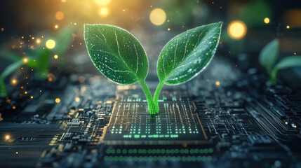 Close-up view of circuit board with microchip and plant sprout taken on white background