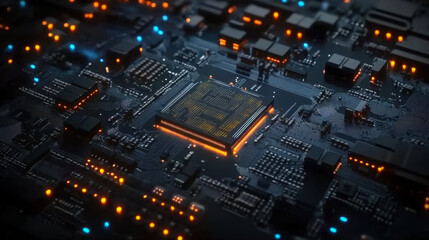 Fototapeta premium Glowing computer chip and CPU motherboard technology circuit board
