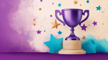 purple trophy with beige and blue stars in the background