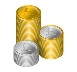 Silver and golden coins with pound sterling currency symbol, arranged in three regular stacks, varying heights. Investment, money and wealth  concepts, isolated on transparent.