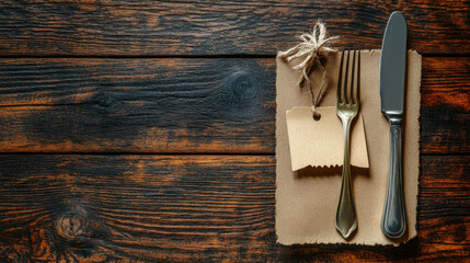 Fork and spoon. On Wooden background. Top view.