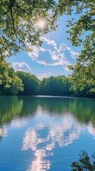 Obraz premium Serene Lake View Trees Framing Water with Reflections and Cloudy Sky Backdrop