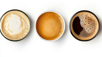 Flay lay of coffee cup assortment isolated on white background