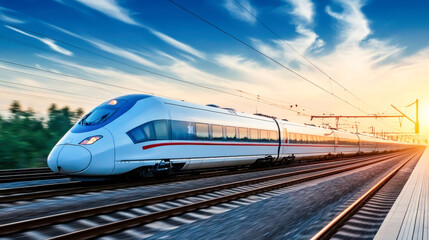 High-Speed Rail Train at Sunset over Water