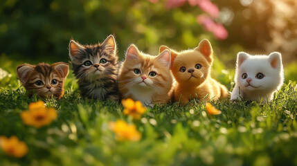 various fluffy dog and cat friends are sitting on the green grass in a sunny spring meadow