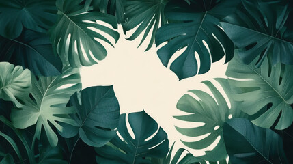 Plant pattern from tropical leaves of Monstera on a background in color Living Coral. Top view.